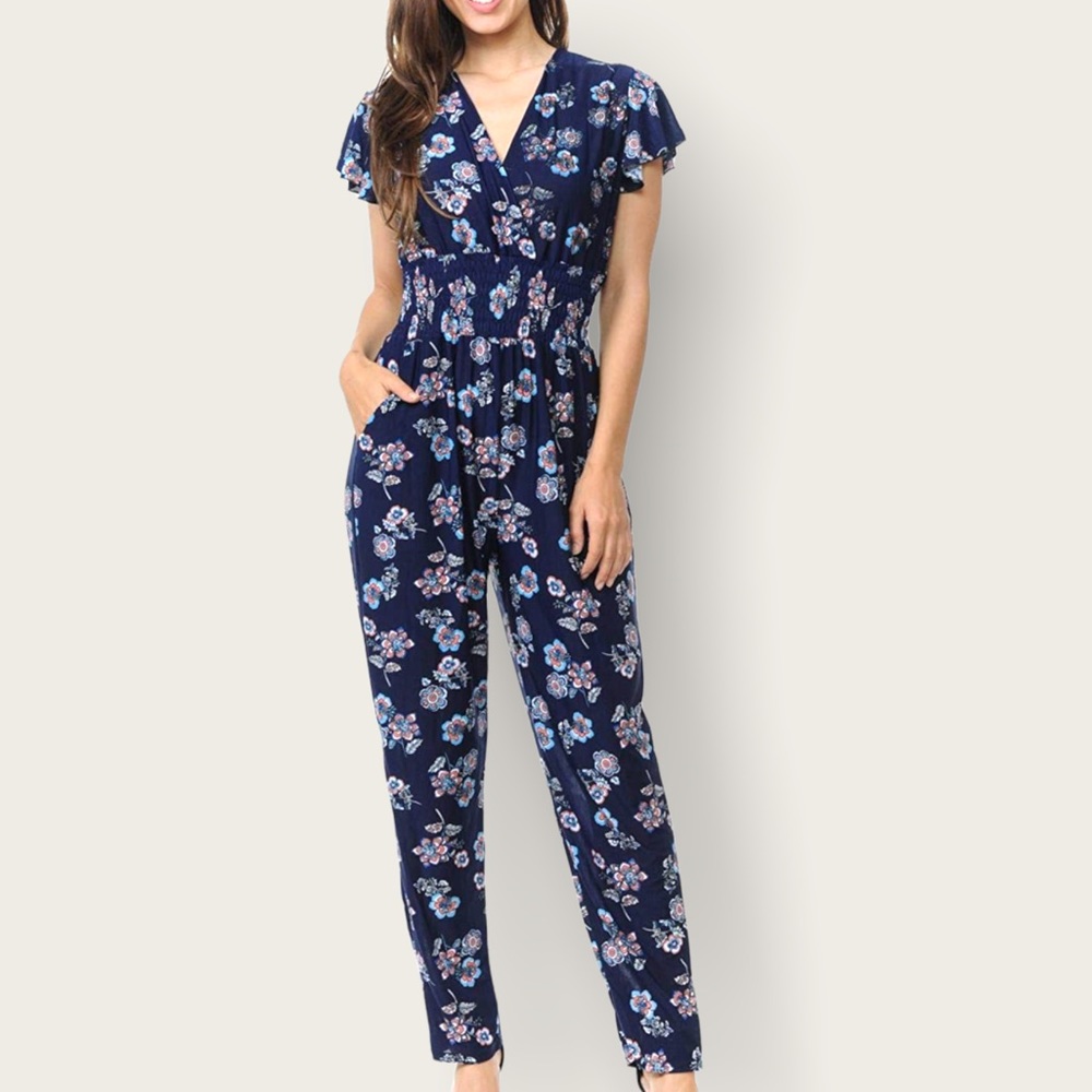 Auliné Collection Womens Short Cap Sleeve V-Neck Long Pants Romper